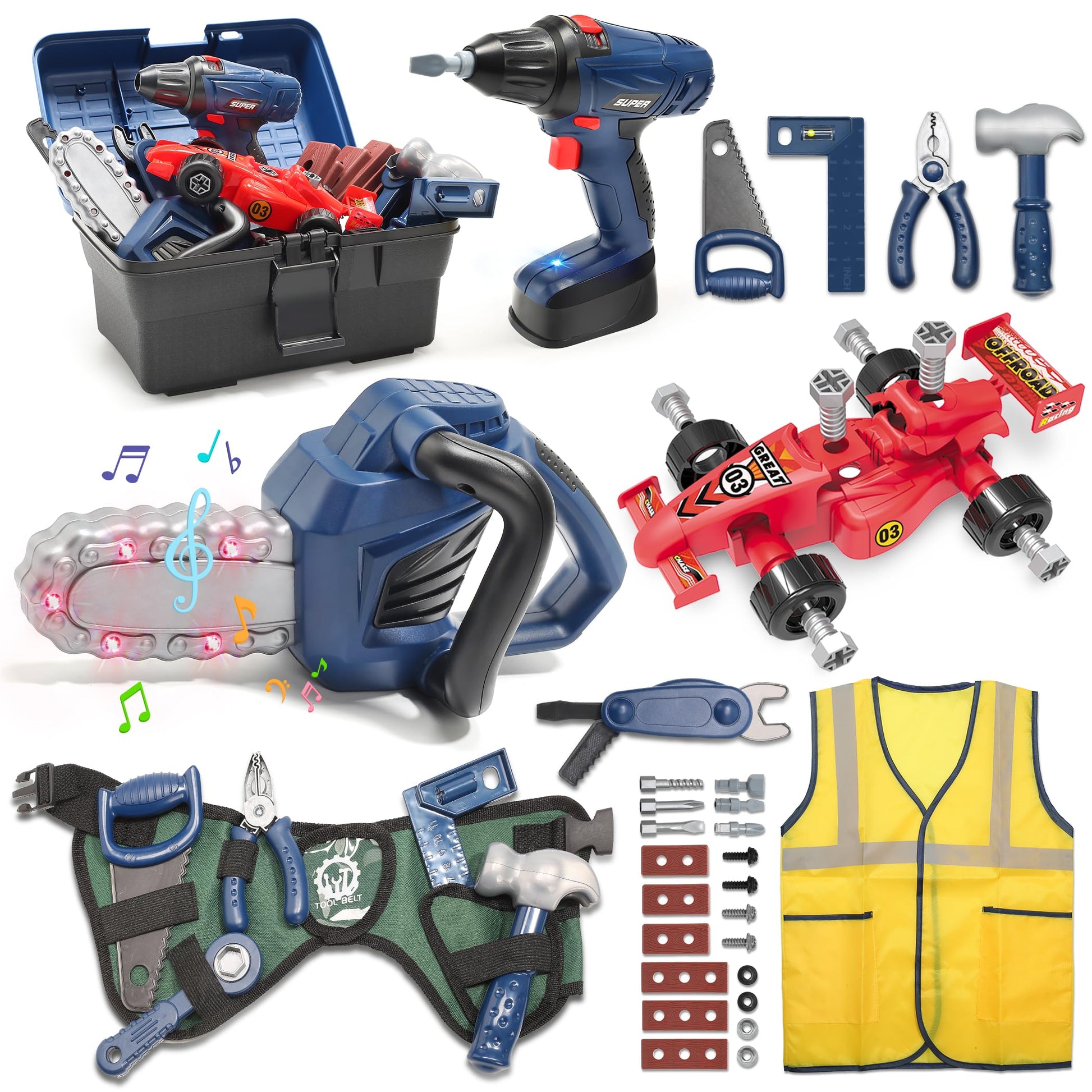 Skirtoy Kids Tool Set, 47Pcs Toy Tool Set With Chainsaw & Excavator Toys, Pretend Play Construction Toys Tools For Boys Girls, B