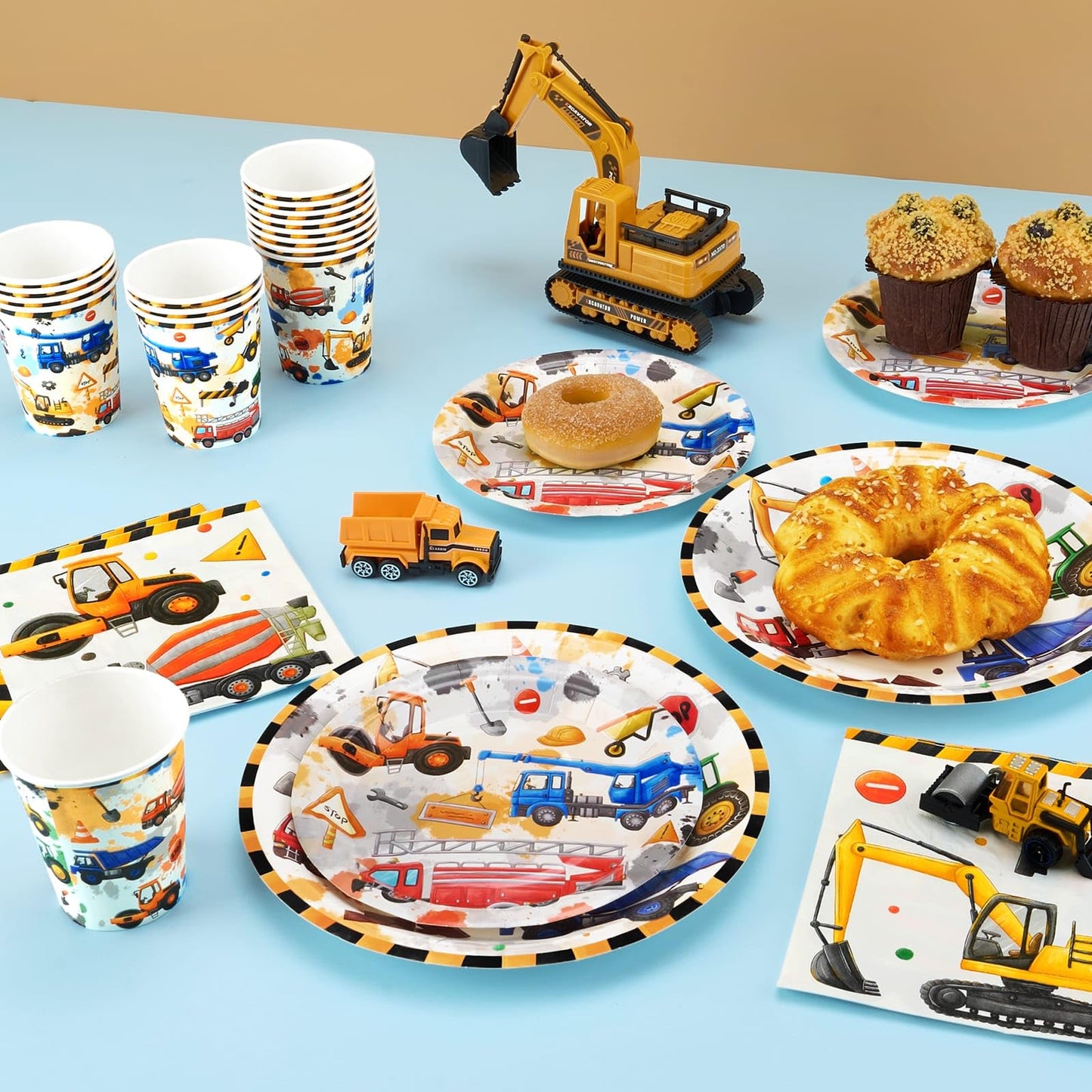 Wernnsai Construction Party Supplies Set - 64 Pcs Dump Truck Theme Birthday Party Decorations Disposable Paper Plates Cups Napkins Tableware For Boys Kids Baby Shower Excavator Birthday Party Decor