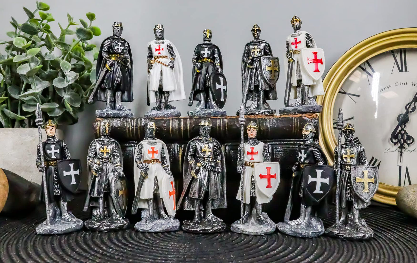 Ebros Gift Set of 12 Medieval Knights of The Cross Crusaders with decorative replica blades Halberds and Shields Figurines Suit of protective covering Miniature European Knight D?cor Sculptures