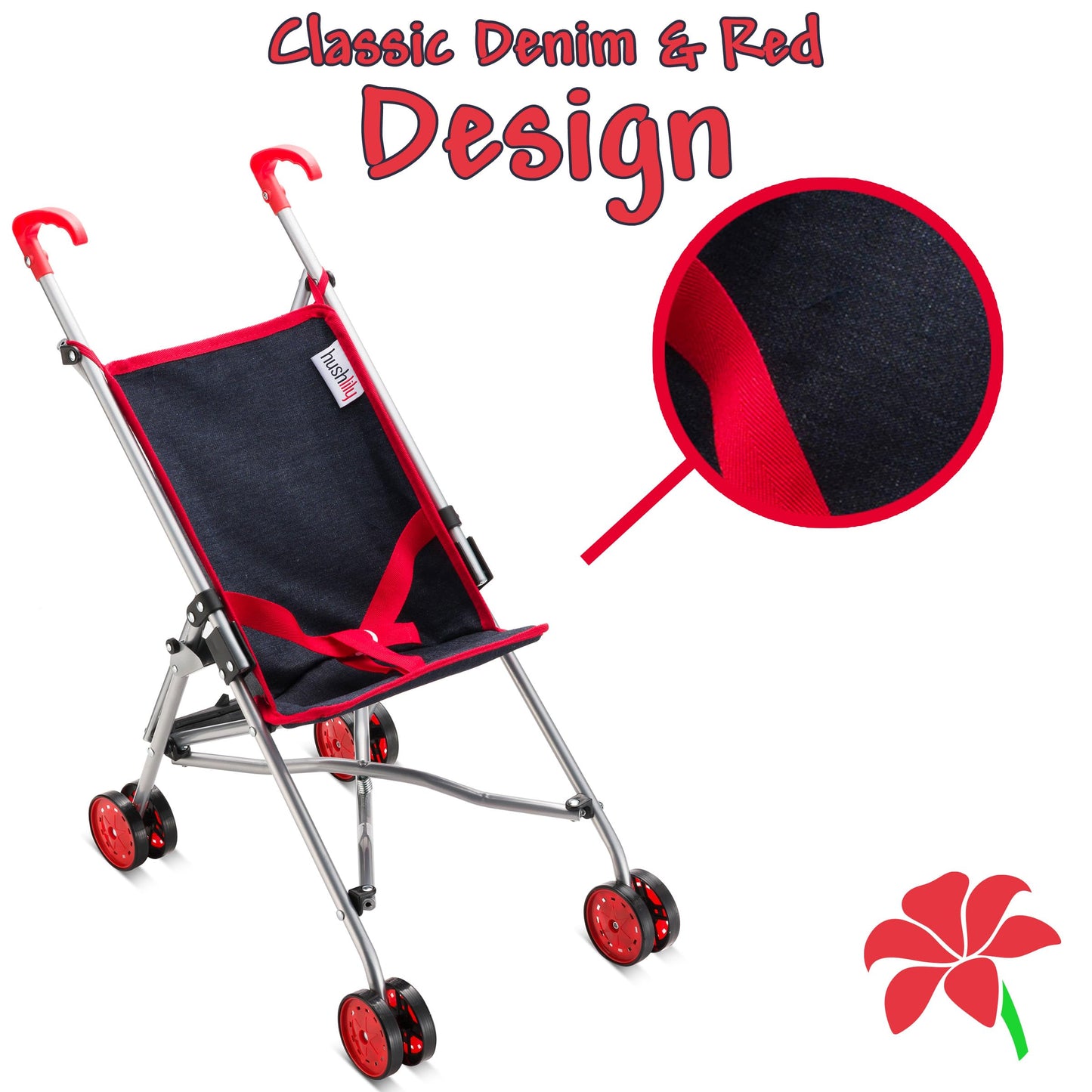 Baby Doll Stroller For Toddlers 3 Years And Up, Foldable Toy Stroller For Dolls - Denim And Red Design For Kids