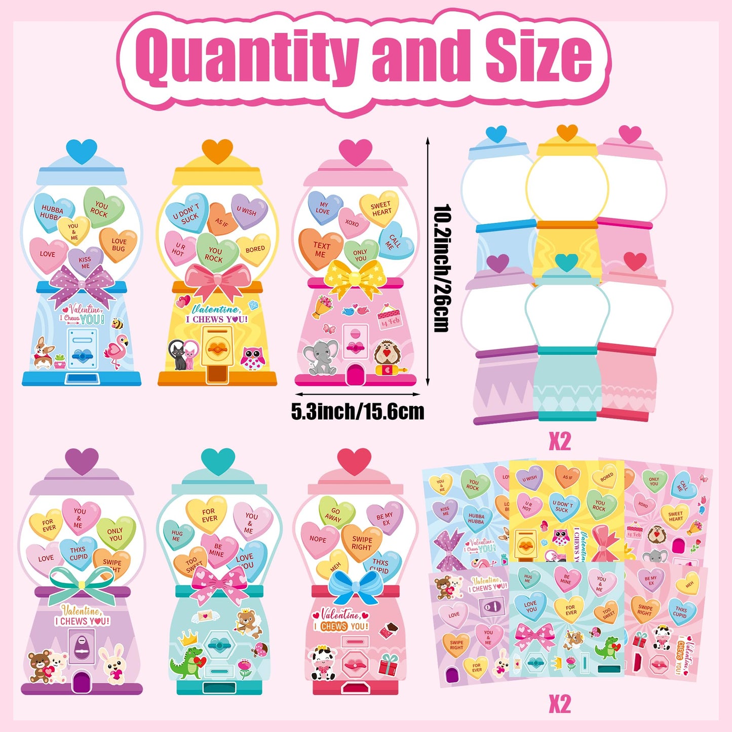 CY2SIDE Valentines Gumball Machine Stickers - 12 Sets of Valentines Day Conversation Heart Sticker Art Craft for Kids School Act