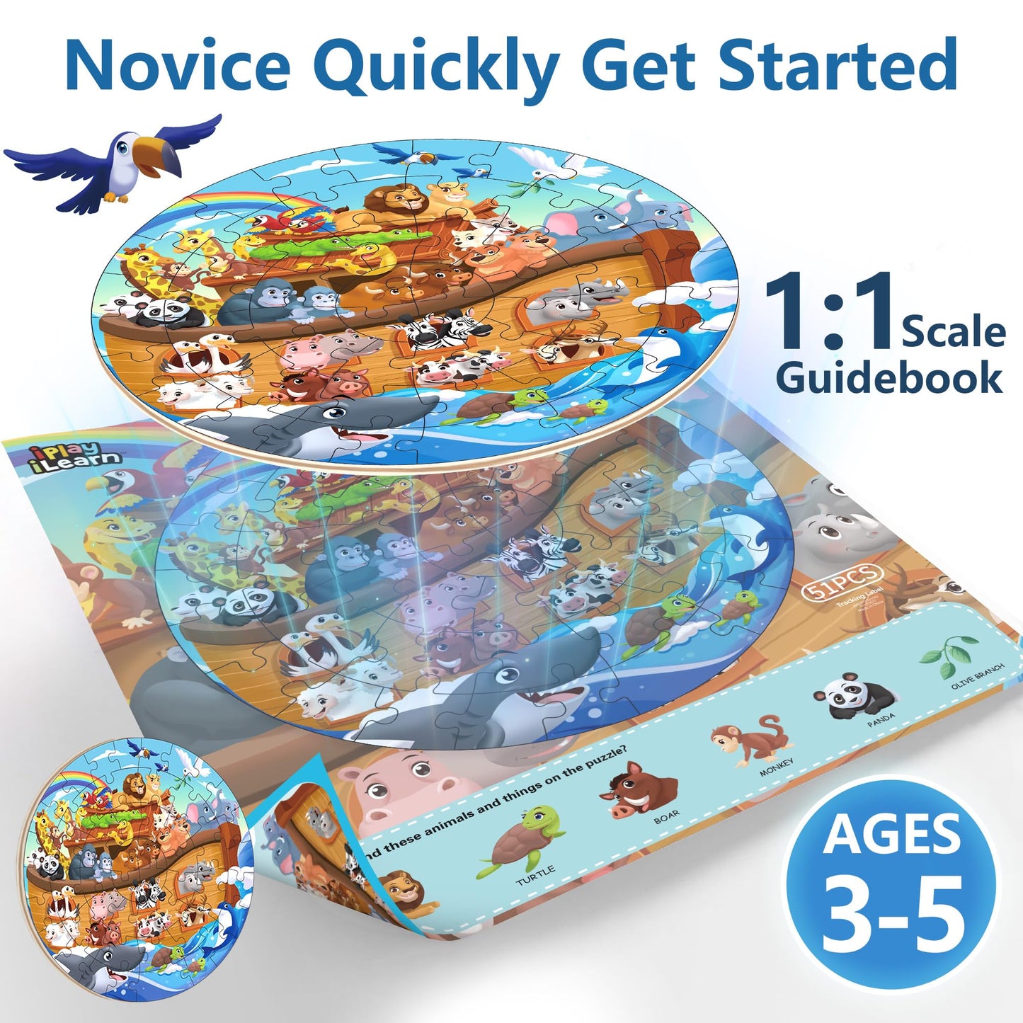 Iplay, Ilearn Toddlers Noah'S-Ark Wooden Animal Puzzles, Kids Floor Puzzles For Ages 3-5, 4-8, Large 51 Pieces Round Jigsaw Puzzle Educational Toys, Birthday Gift For 6 7 Years Old Boys Girls Children