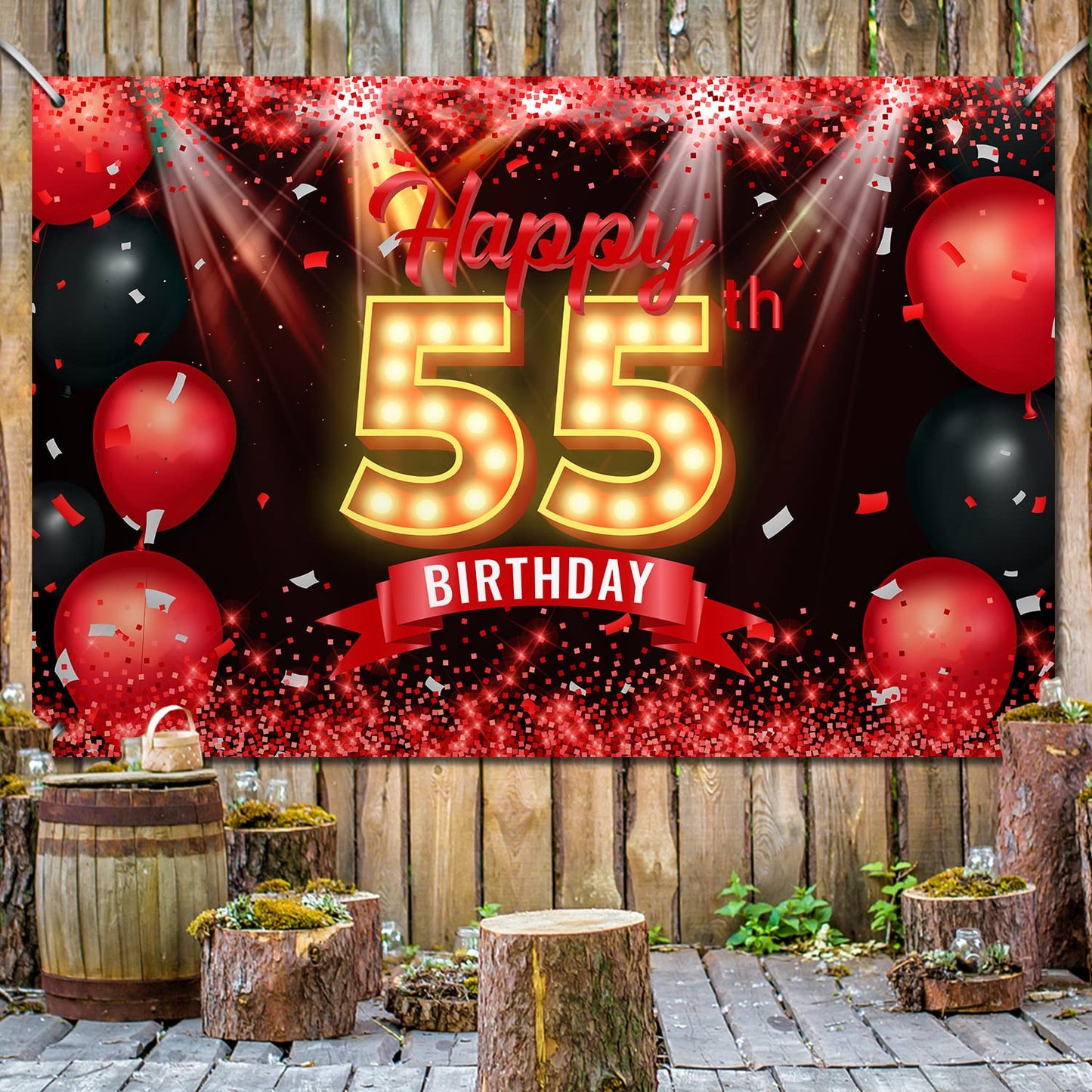 Happy 55th Birthday Banner Backdrop Red and Black 55 Years Old Background Bday Decorations for Women Men Photography Party Suppl