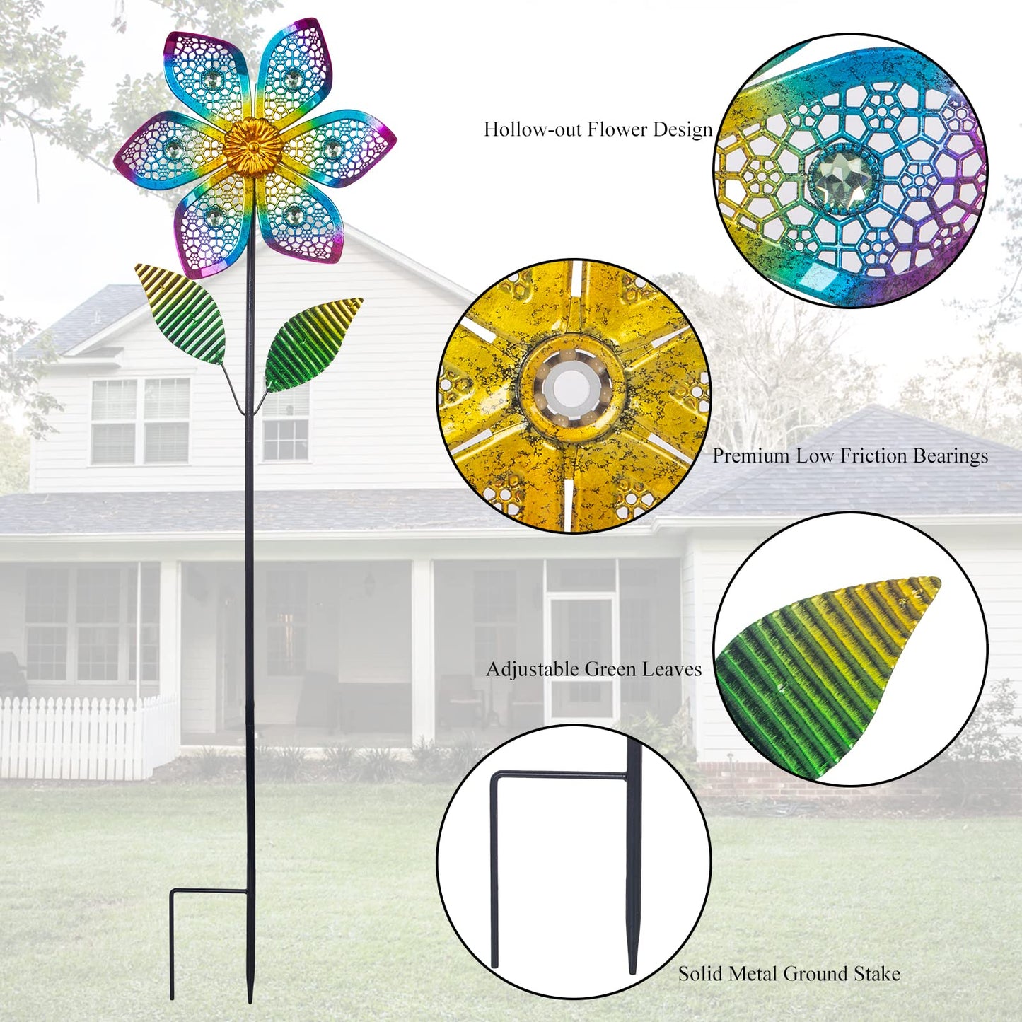 Venniy Wind Spinner With Metal Stake, Outdoor Garden Pinwheels Spinners Hollow-Out Flower Shape Design For Yard Lawn Patio Decor