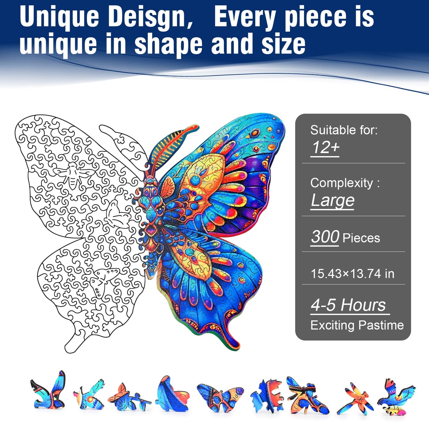 Wooden Puzzles for Adults, 300 Piece Butterfly Wooden Jigsaw Puzzles, Unique Puzzles with Beautiful Wooden Box, Challenging Puzz