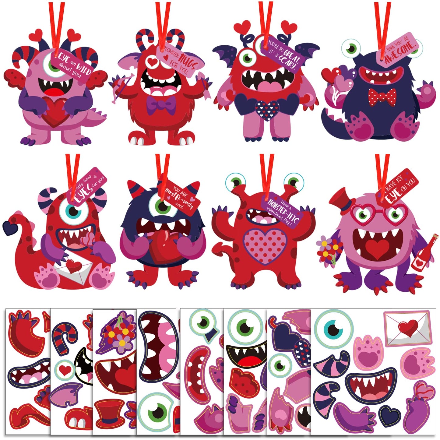 64 Sets Valentines Day Crafts Kits for Kids, Valentines Day DIY Monster Cards for Kids, Valentines Paper Craft Hanging Ornamen
