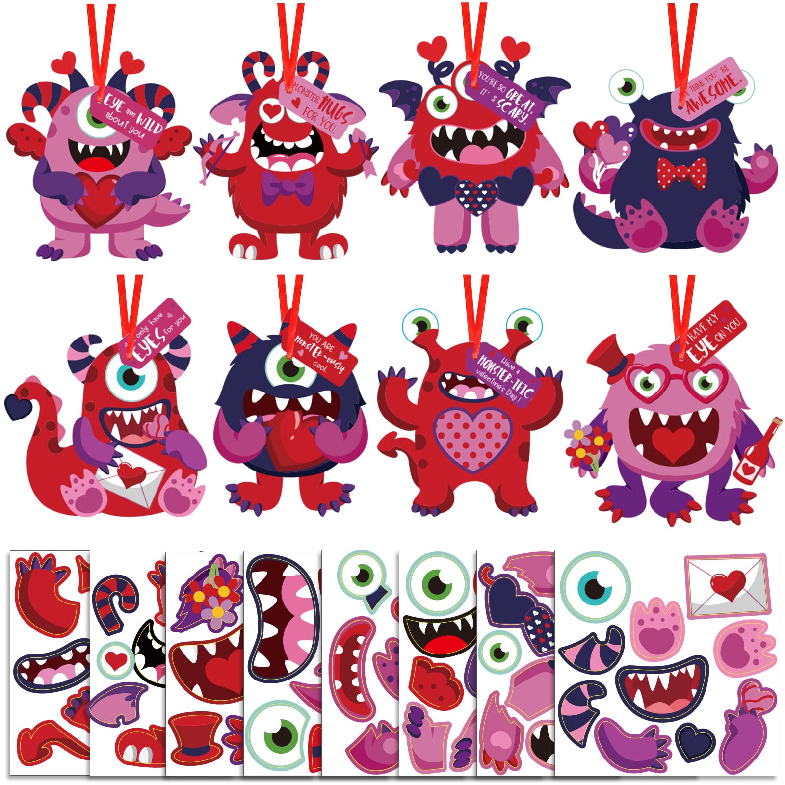 64 Sets Valentines Day Crafts Kits for Kids, Valentines Day DIY Monster Cards for Kids, Valentines Paper Craft Hanging Ornamen