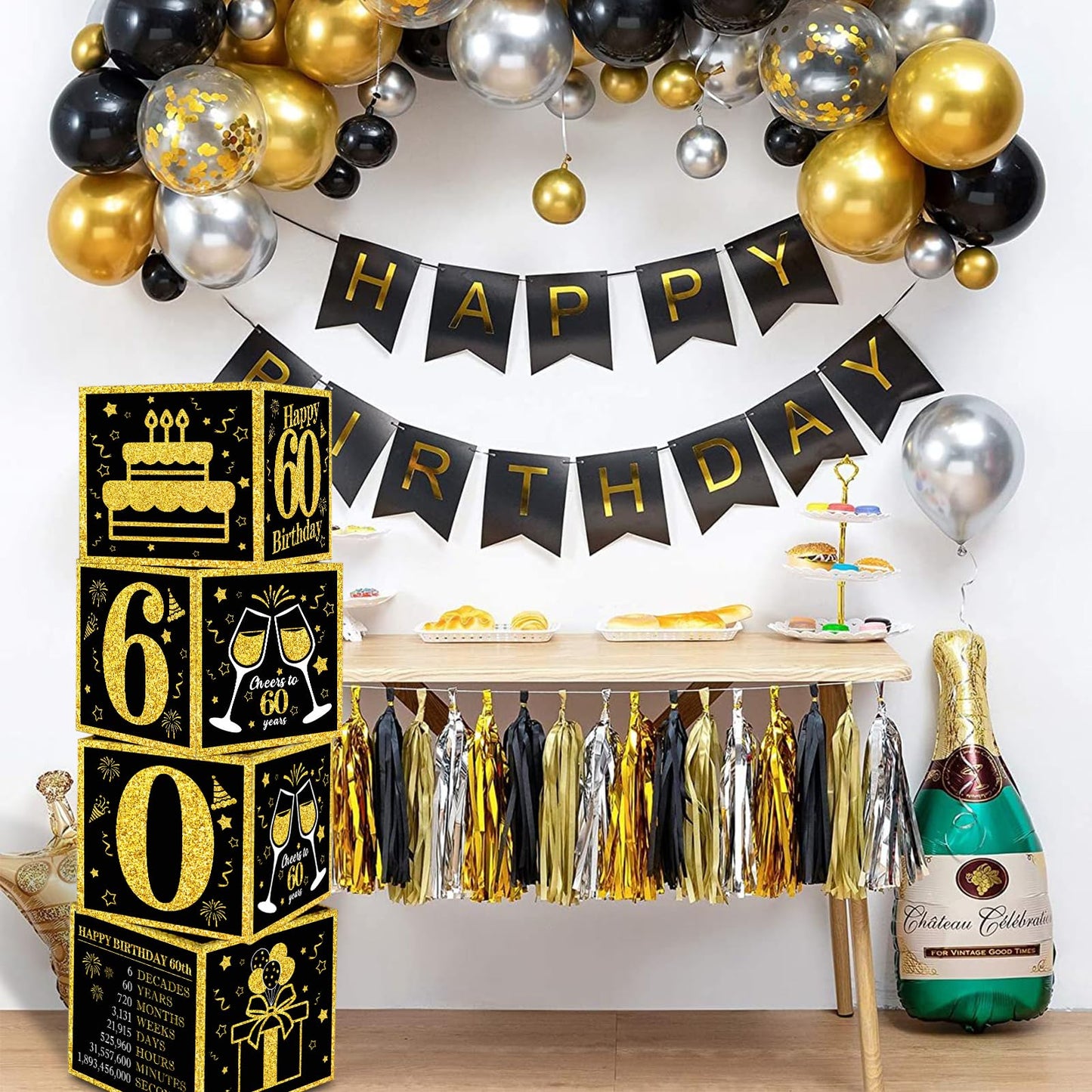 Toniful 4 Pcs 60Th Birthday Decorations Boxes For Men Women,Sixty Years Old Birthday Cardboard Box Party Supplies,Black And Gold