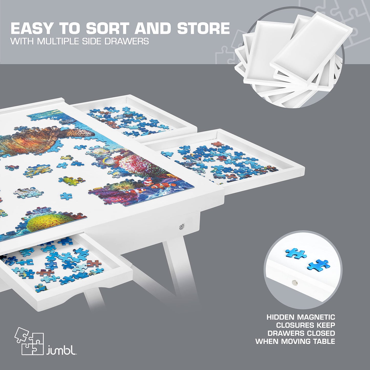 Jumbl 1000-Piece Puzzle Table W/Cover | 23” X 31” Jigsaw Puzzle Board W/Legs 6 Removable Storage & Sorting Drawers | Smooth Plateau Fiberboard Work Surface & Reinforced Hardwood | For Games & Puzzles