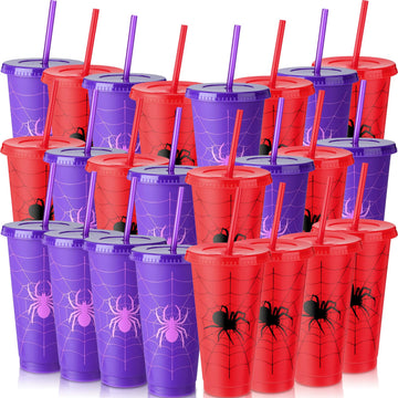 Qinyoung 24 Sets 24 oz Spider Cups Spider Birthday Party Supplies Reusable Red Purple Web Themed Plastic Cups with Lid and Straw