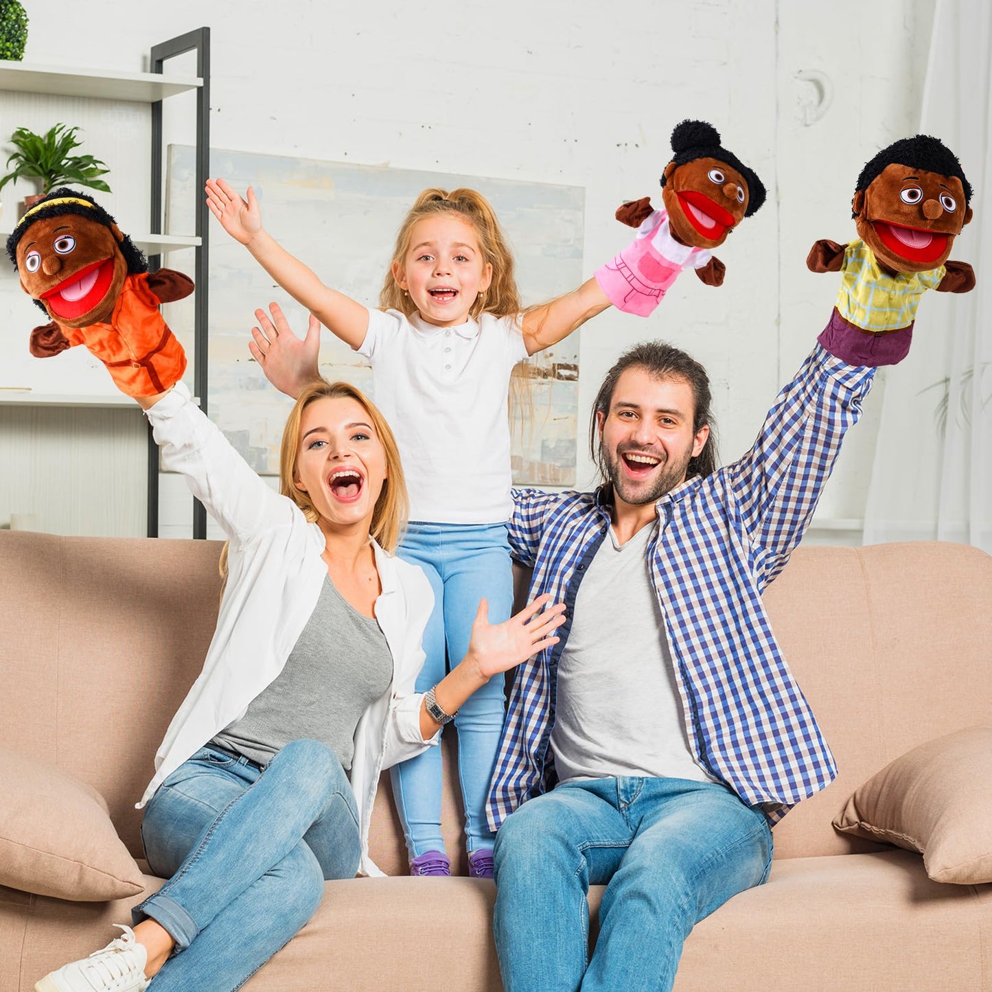 12 Pcs Family Hand Puppets 12 Inch Grandparents Mom Dad Brother Sister Plush Toys Role-Play Toy Puppets For Kids Storytelling Im