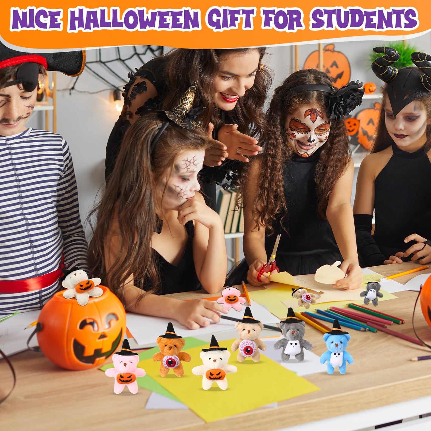 Blueweenly 24 Pcs Mini Halloween Bear Small Halloween Stuffed Animal Soft Tiny Pumpkin Plush Doll Keychain With Cap Trick Or Tre