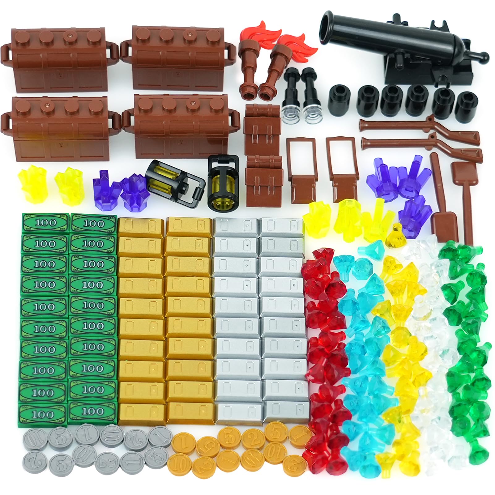 Pirates Treasure Chest Money Dollars, Silver Golden Gems Crystals Bag Torch Cannon Bricks Accessories Pack, Building Blocks Toys