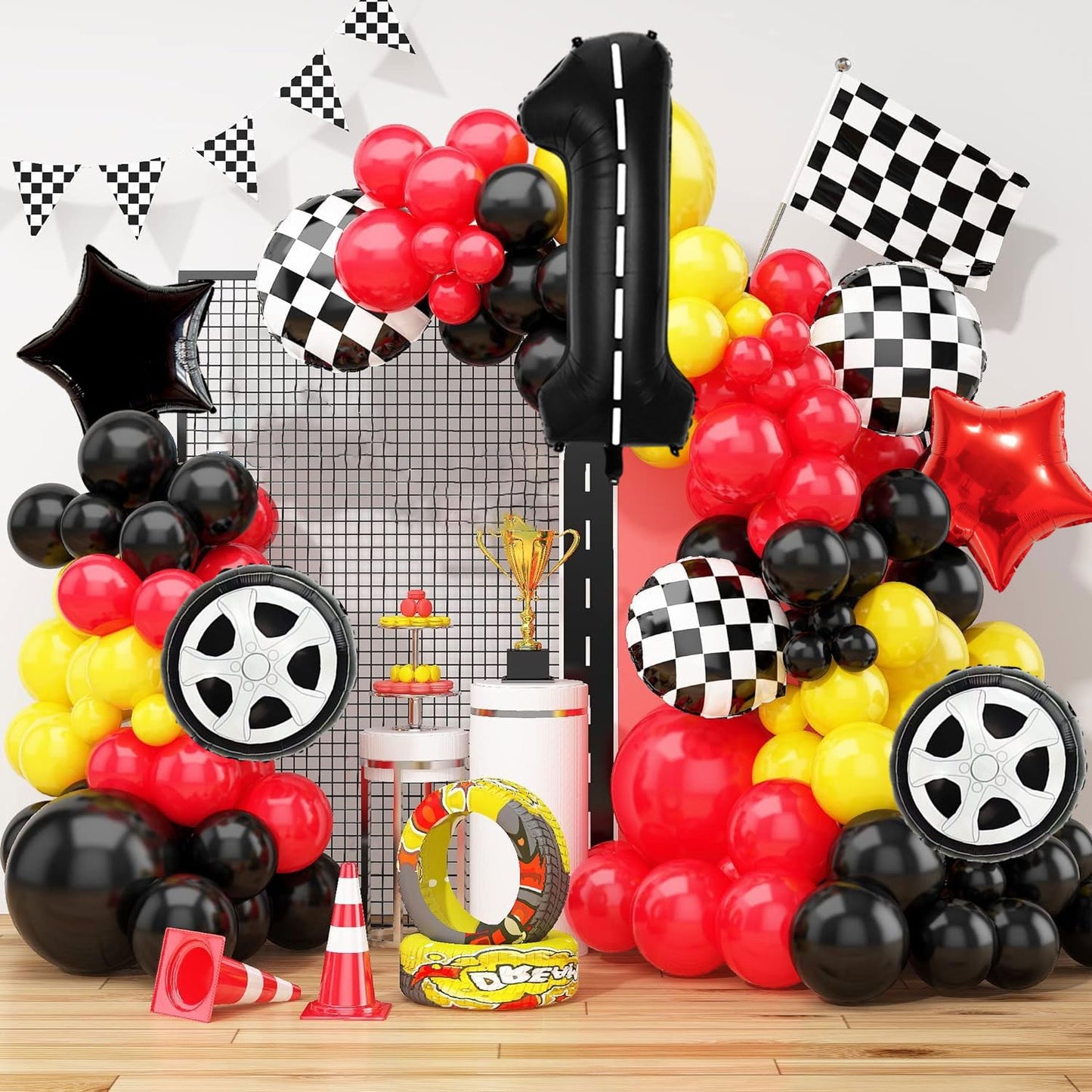 Race Car Birthday Balloons Decorations, 40 Inch Racetrack Black Number 1 Balloons, Large Mylar Black 1 Balloon For 1St Birthday