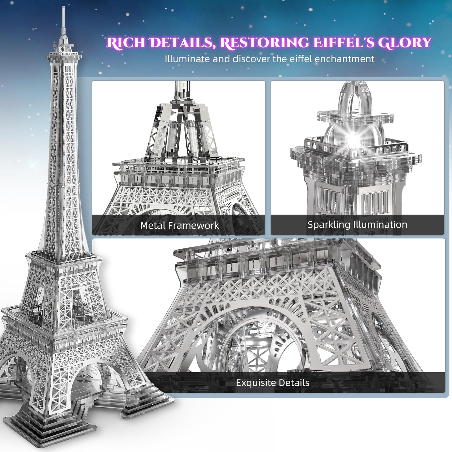 Funpola Led 3D Puzzle Eiffel Tower Building Model - 3D Architecture Building Model - Landmark Of Paris At Night - 3D Acrylic Puzzle Décor Lamp Diy Ornament Nightlight(Large,Gold)