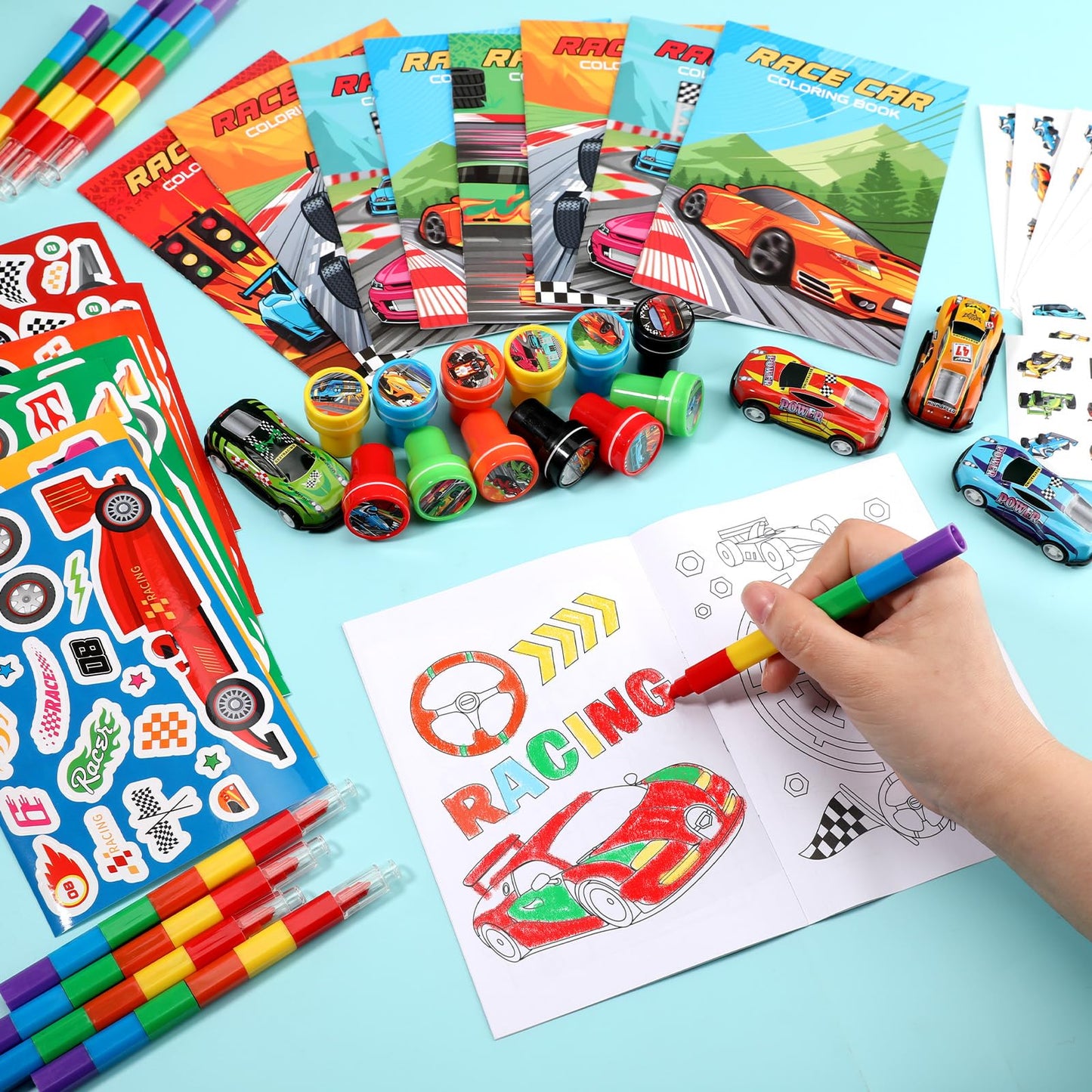 BenLouis 84Pcs Race Car Party Favors Racing Theme Coloring Books Crayons Sticker Set Bulk for Kids Fast Racecar Wheels Birthday
