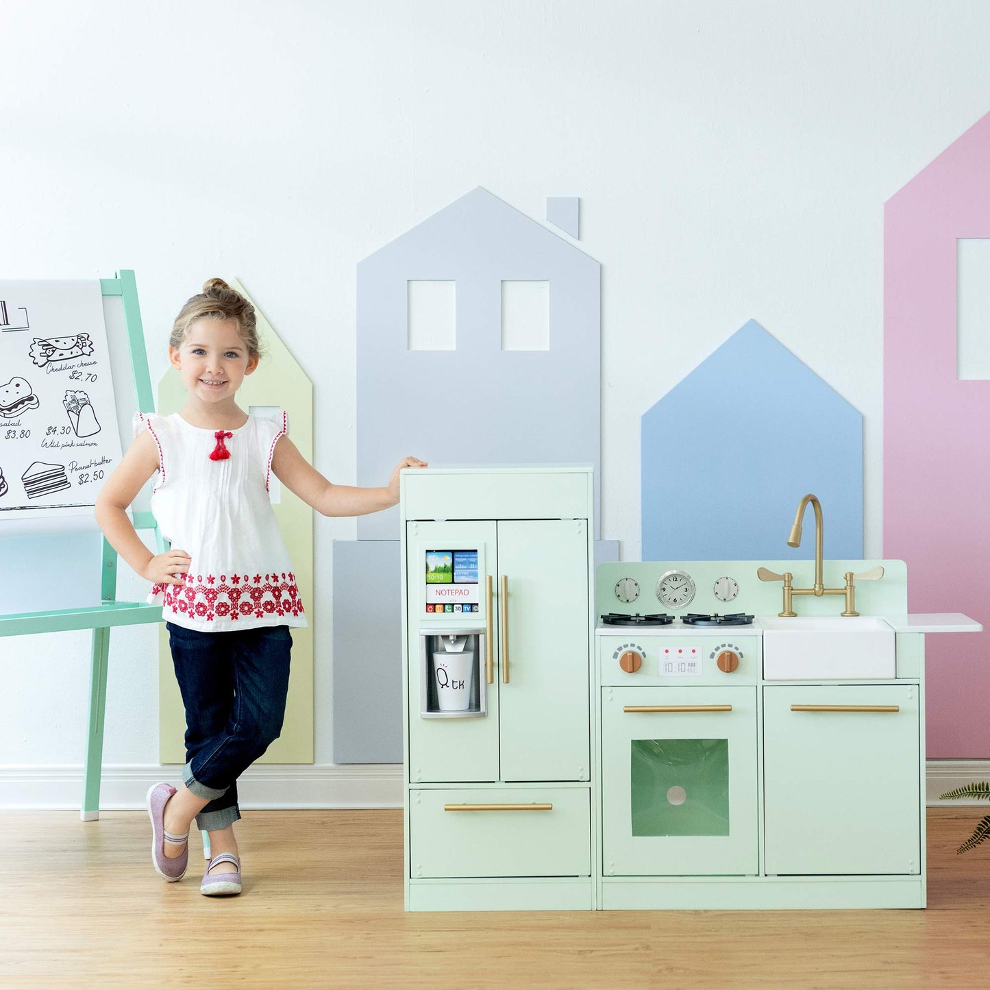 Teamson Kids Little Chef Charlotte Kids Play Kitchen, Wooden Kitchen Playset for Toddlers with Accessories, Pretend Ice Maker, M