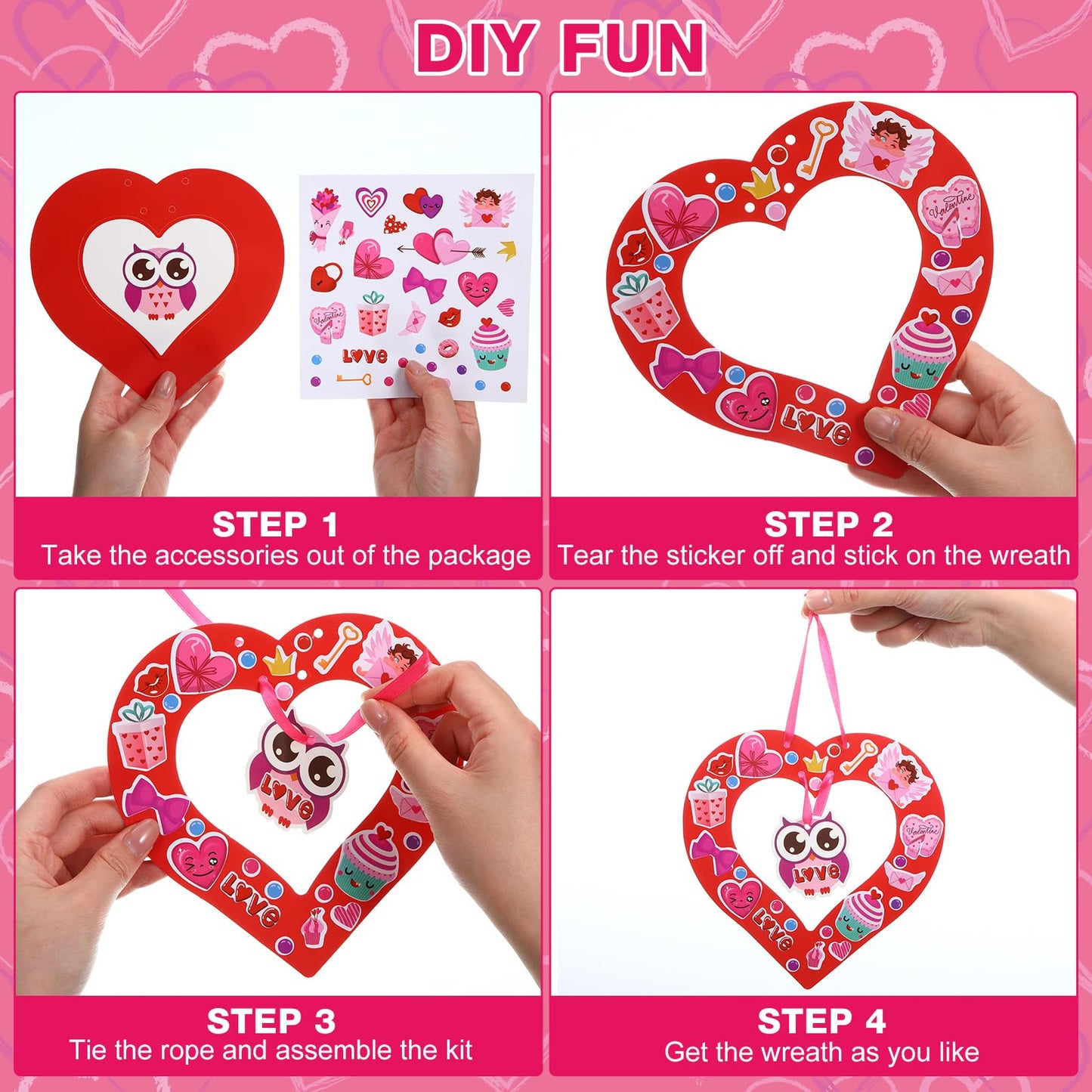 DoubleFill 24 Sets Valentines Day Crafts Kit Make Your Own Heart Wreath Ornaments Valentines DIY Card Cute Stickers Bulk Valent