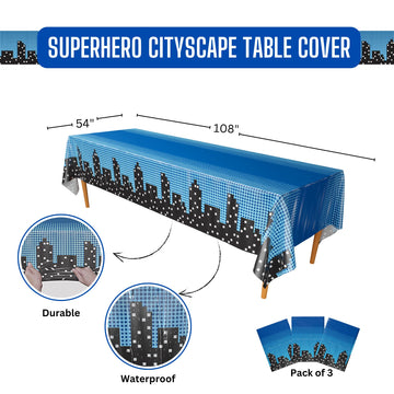 Blue Orchards Superhero Cityscape Table Covers (Pack of 3) 108x54 XL - Superhero Table Cloth for Parties, Birthday Party Supplie