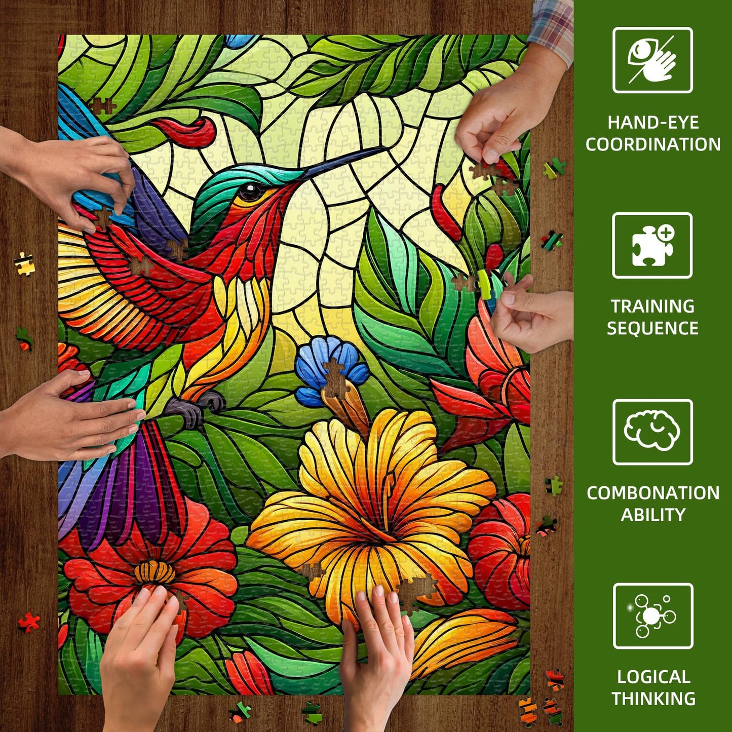 Coastal Rose Stained Glass 1000 Piece Puzzle - Hard Flower Jigsaw, 19.68 x 27.56 in, Cardboard, Hummingbird in Grass
