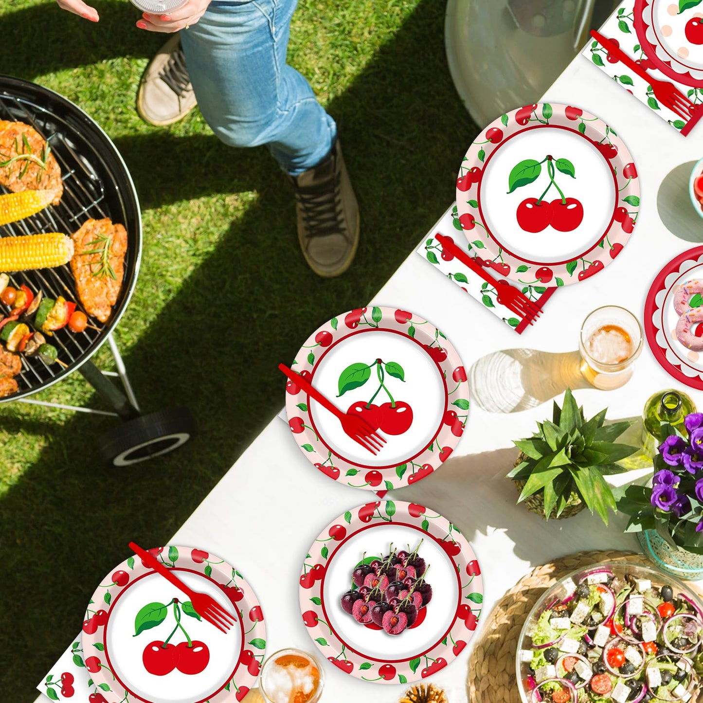 Obusatt 100 Pcs Cherry Fruit Party Supplies Tableware Set Summer Tropical Picnics Dinnerware Set Disposable Paper Plates Napkins