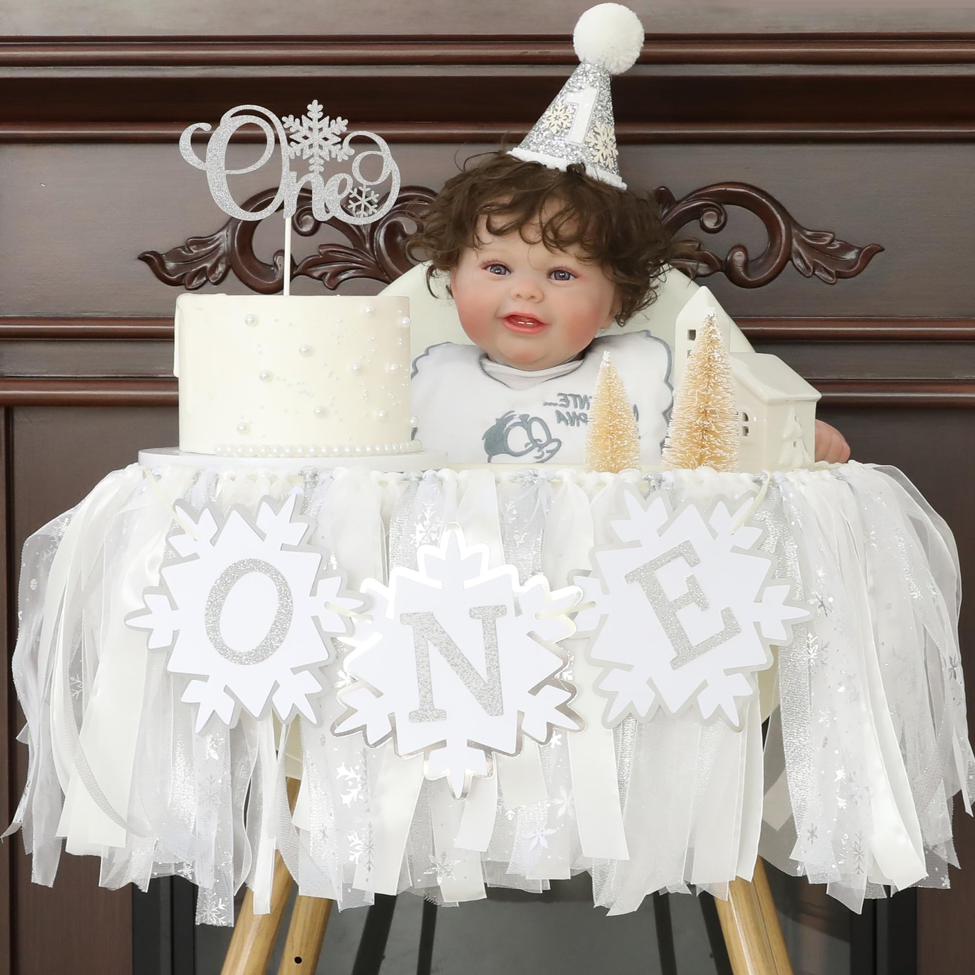 HODIHIWI Snowflakes One First Party Decorations White High Chair Banner 1st Crown Cake Topper 1st Birthday Decor