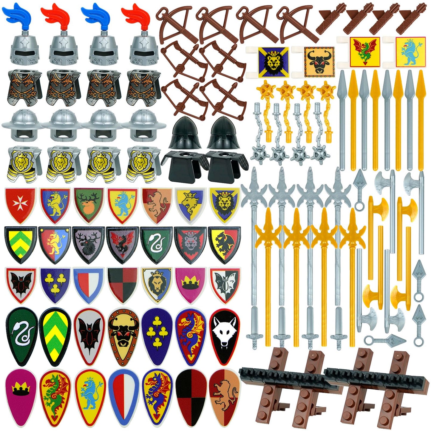 Pamvava Medieval Knights  protective covering Pack Building Blocks Accesories Kits  Helmet decorative replica blades Shield Bow Arrow Toys for Bricks Figures  Soldier Castle Equipment Bricks Sets for Kids
