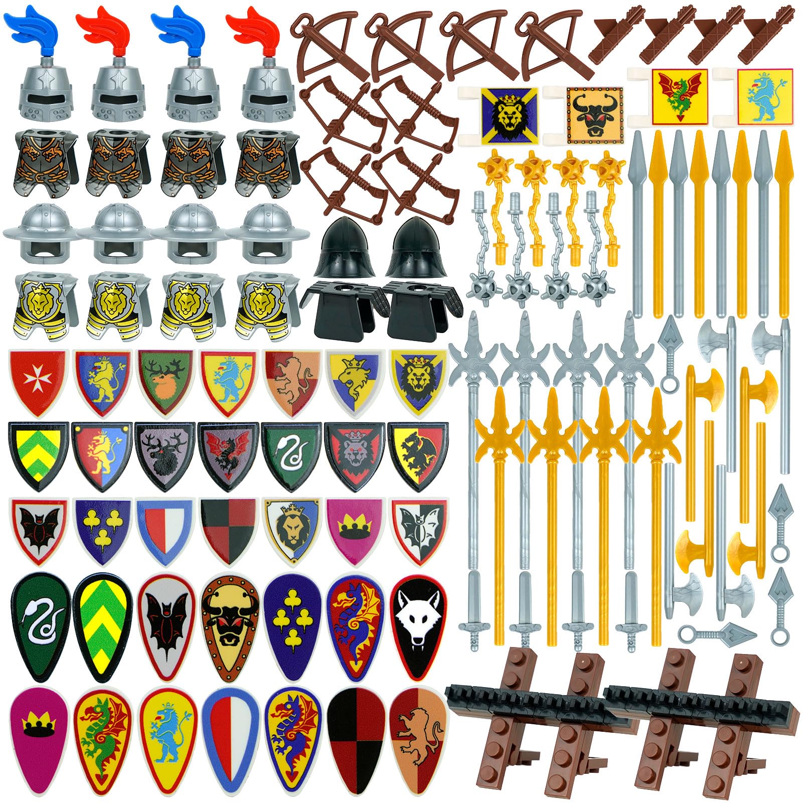 Pamvava Medieval Knights  protective covering Pack Building Blocks Accesories Kits  Helmet decorative replica blades Shield Bow Arrow Toys for Bricks Figures  Soldier Castle Equipment Bricks Sets for Kids
