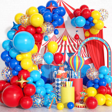 Carnival Circus Balloon Garland Arch Kit, Matte Red Yellow Pastel Blue Primary Color Confetti Rainbow Multicolor Balloon Arch Ki