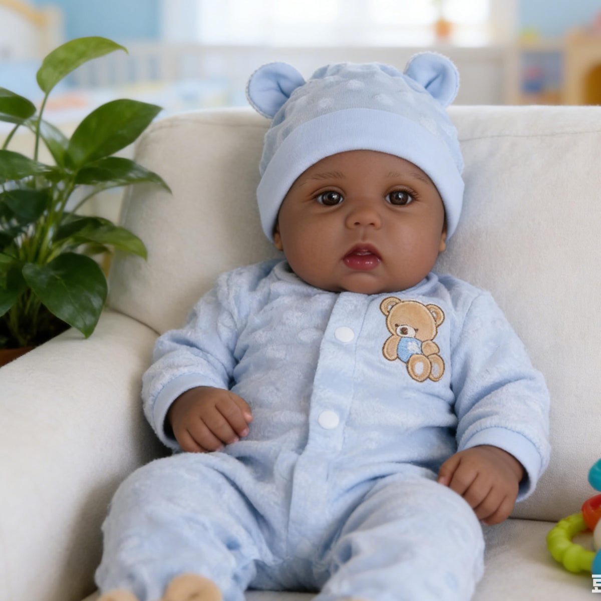 EKOKIZ 18 Inch Lifelike Reborn Baby Doll Boy  Weighted Soft Body African American Newborn with Blue Bear Outfit, Realistic Blac
