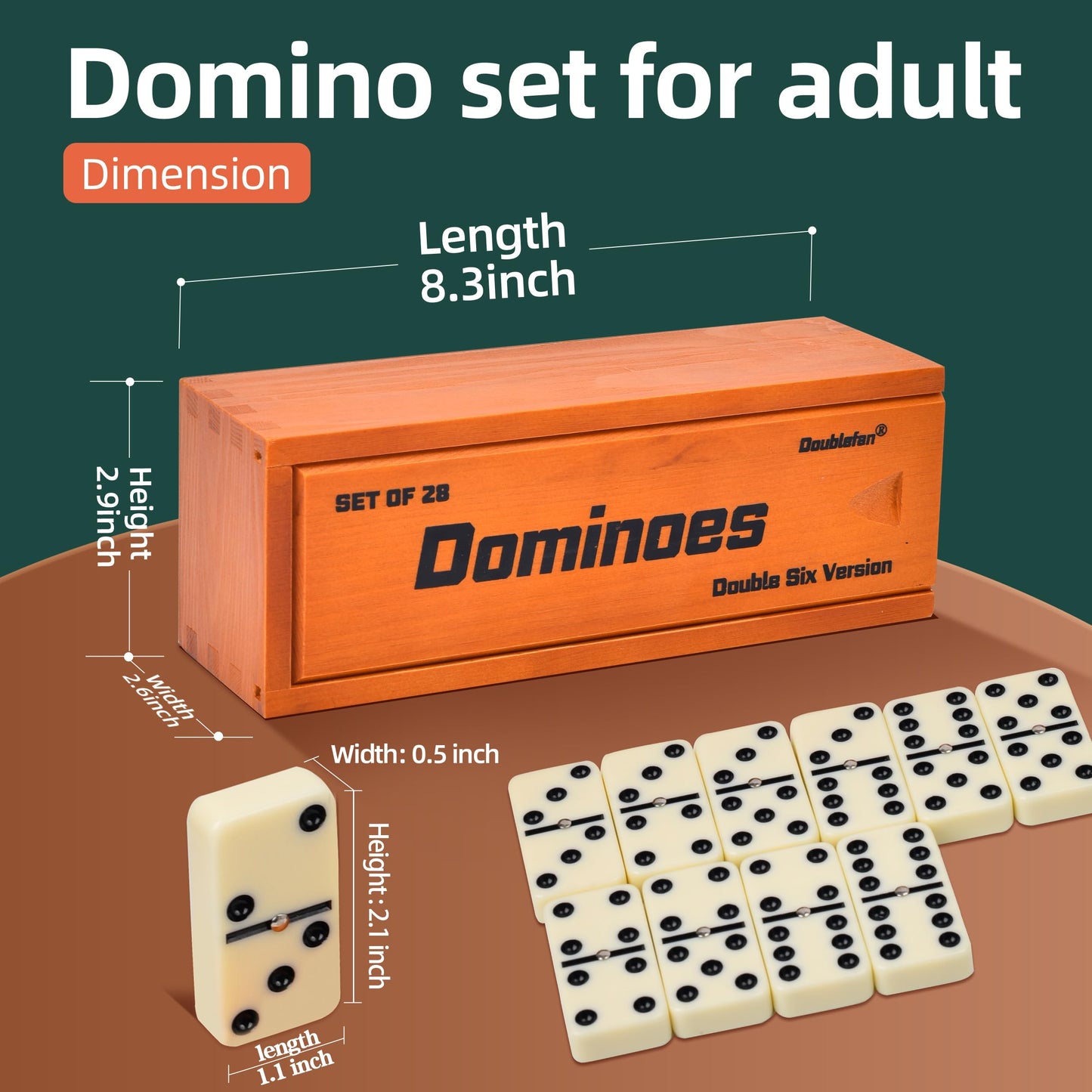 Dominoes Set for mature-themeds  Dominoes Set Double Six  Double 6 Jumbo Domino Tiles with Spinner in limited availability Wooden Box 28 pcs Large Size Domino Set 28 Tiles with Brown Wooden Case