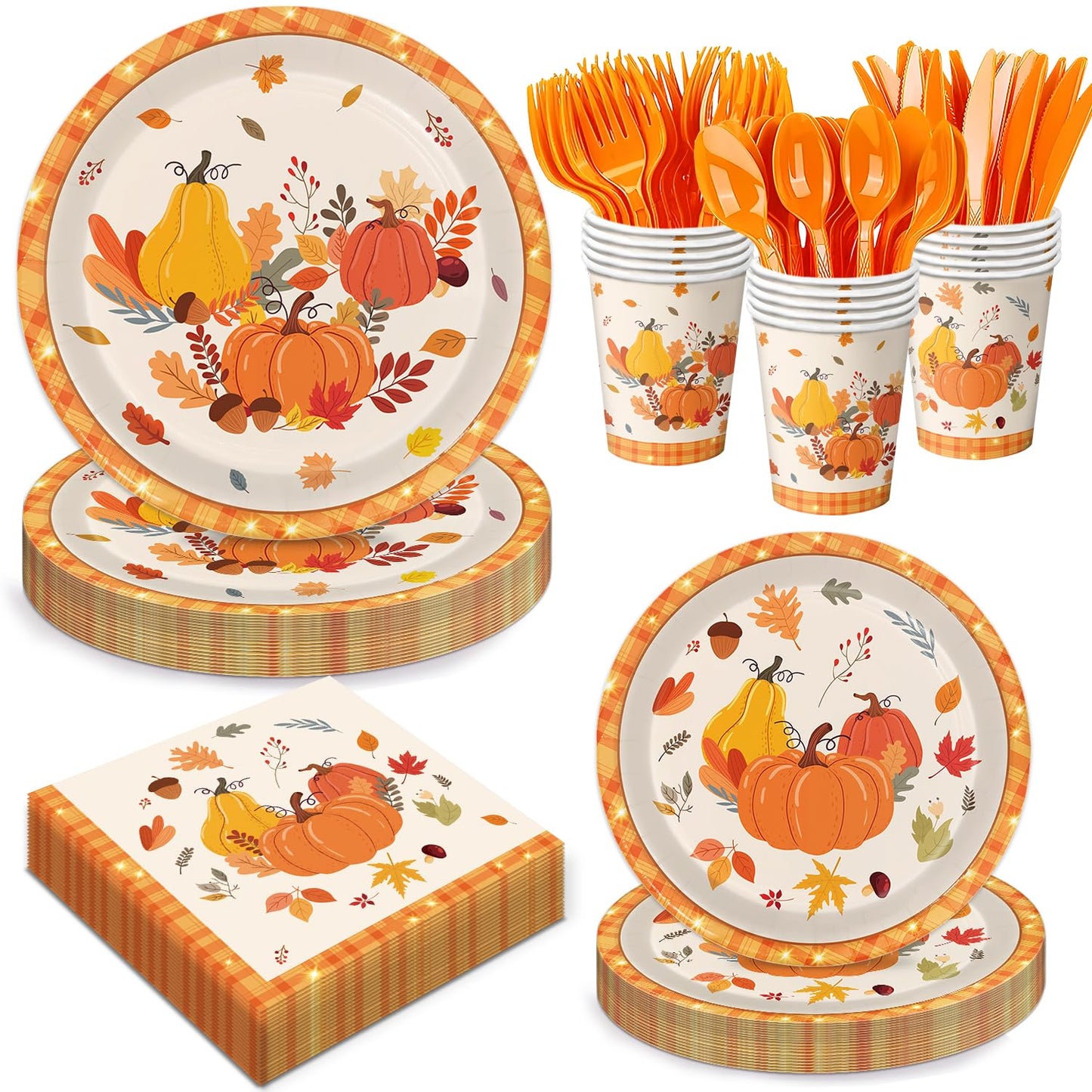 LINHAXM 168 PCS Thanksgiving Fall Party Supplies Autumn Pumpkin Tableware Set Includes Paper Plates, Napkins, Cups, Cutlery for 