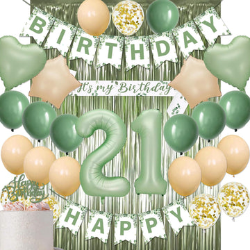 21St Birthday Decorations For Her, Sage Green 21 Birthday Party Decorations- 21St Happy Birthday Banner Sash Cake Topper Olive Green Balloons Kit, 21St Birthday Gifts For Women Birthday Party Supplies