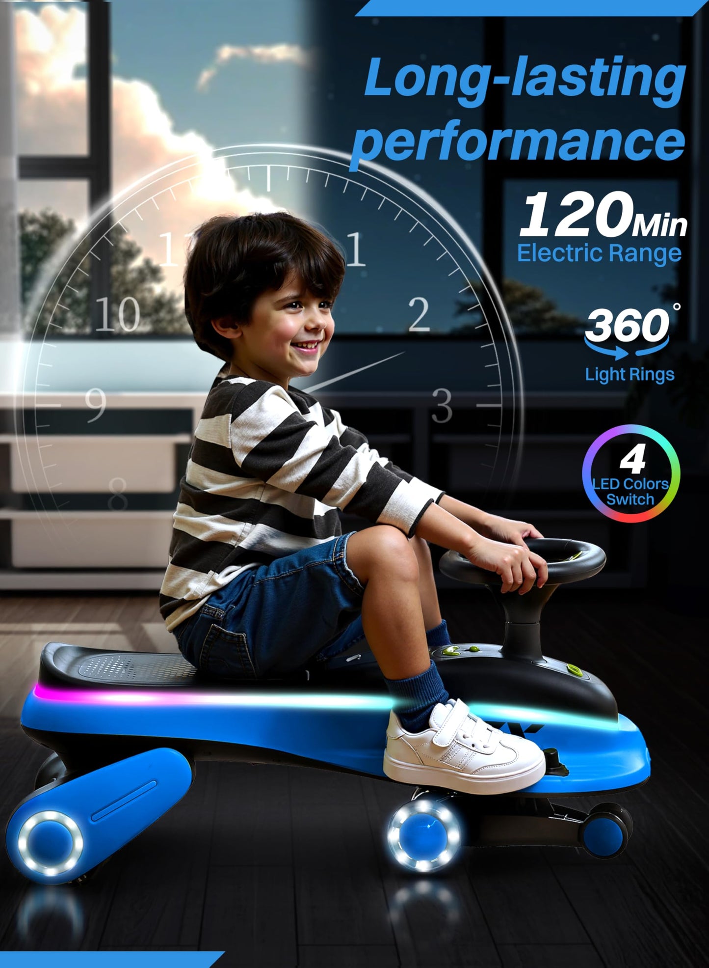 ZIFFY 45W 5.5A Light-Up Electric Wiggle Car with Pedal, Rechargeable Battery, 2-in-1 Swing Car, 2 Speed Ride-On Toy, Anti-Rollov