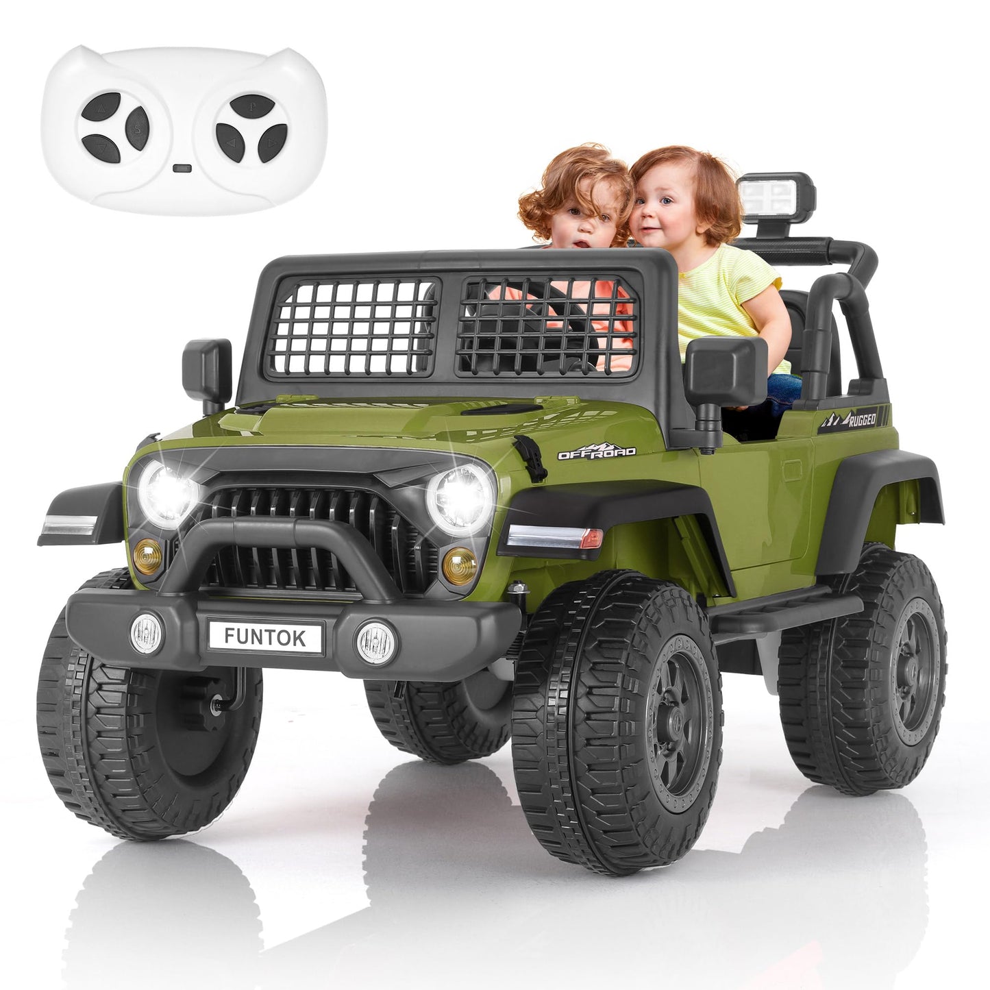 FUNTOK 2 Seater Ride on Car, 12V 7AH Electric Car with Parent Remote Control, Spring Suspension, LED Headlight & Music Player, 3