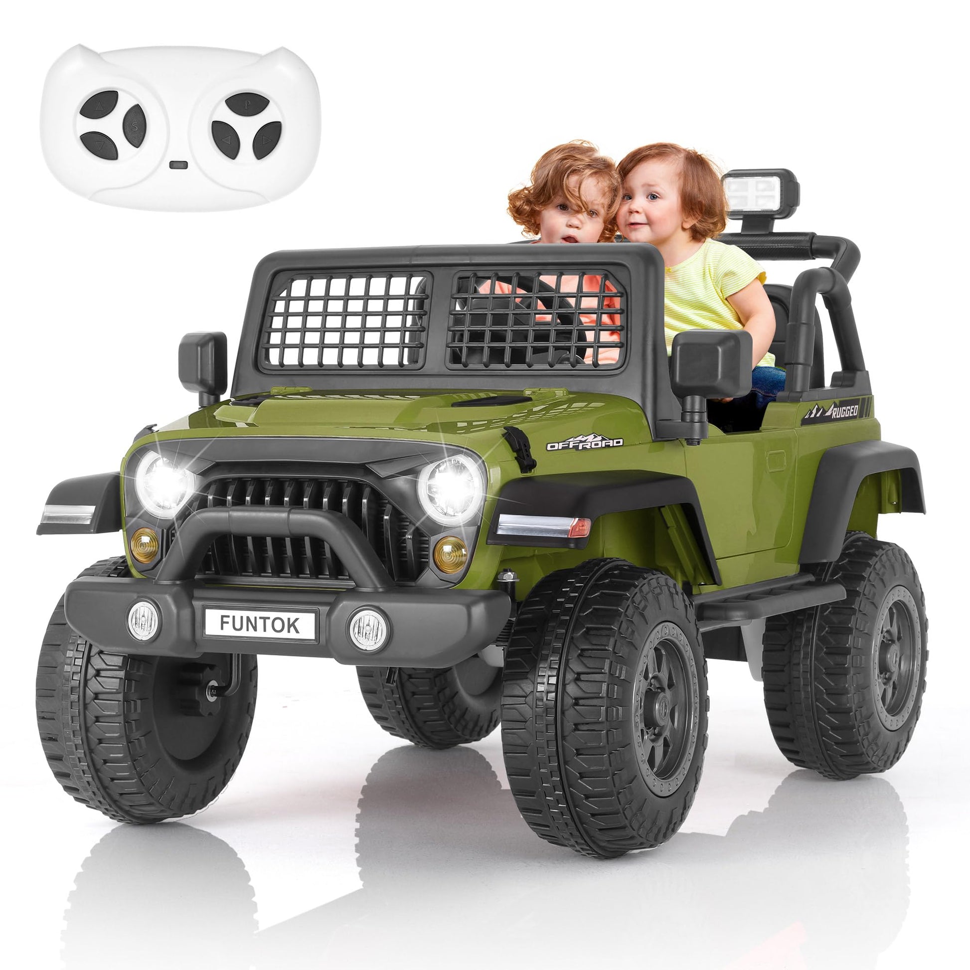 FUNTOK 2 Seater Ride on Car, 12V 7AH Electric Car with Parent Remote Control, Spring Suspension, LED Headlight & Music Player, 3
