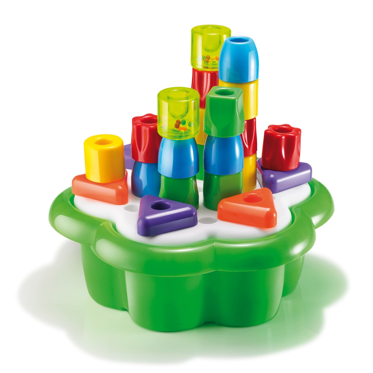 Aso Quercetti Chunky Peggy Stacking Toy - 28-Pieces Including 2 Rattle Pegs, Sturdy Daisy Basket Design With Built-In Storage, F