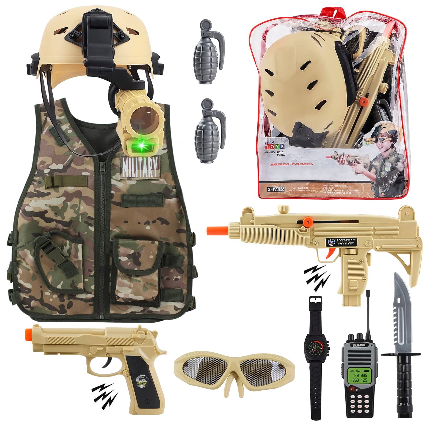 deAO Army Costume for Boys  Military Soldier Gear Accessories with Uniform Helmet and Storage Backpack Halloween Army Combat Costume Police Set Dress Up Toys for Kids Girls