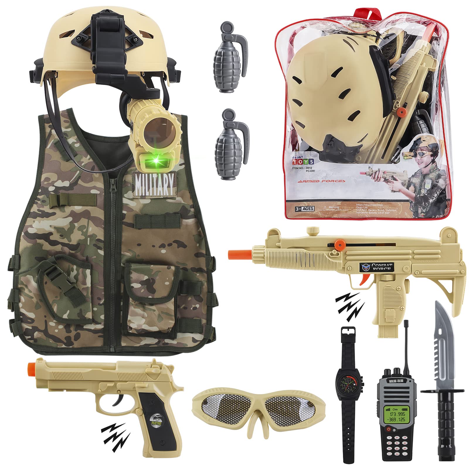 deAO Army Costume for Boys  Military Soldier Gear Accessories with Uniform Helmet and Storage Backpack Halloween Army Combat Costume Police Set Dress Up Toys for Kids Girls