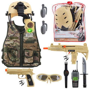 deAO Army Costume for Boys  Military Soldier Gear Accessories with Uniform Helmet and Storage Backpack Halloween Army Combat Costume Police Set Dress Up Toys for Kids Girls