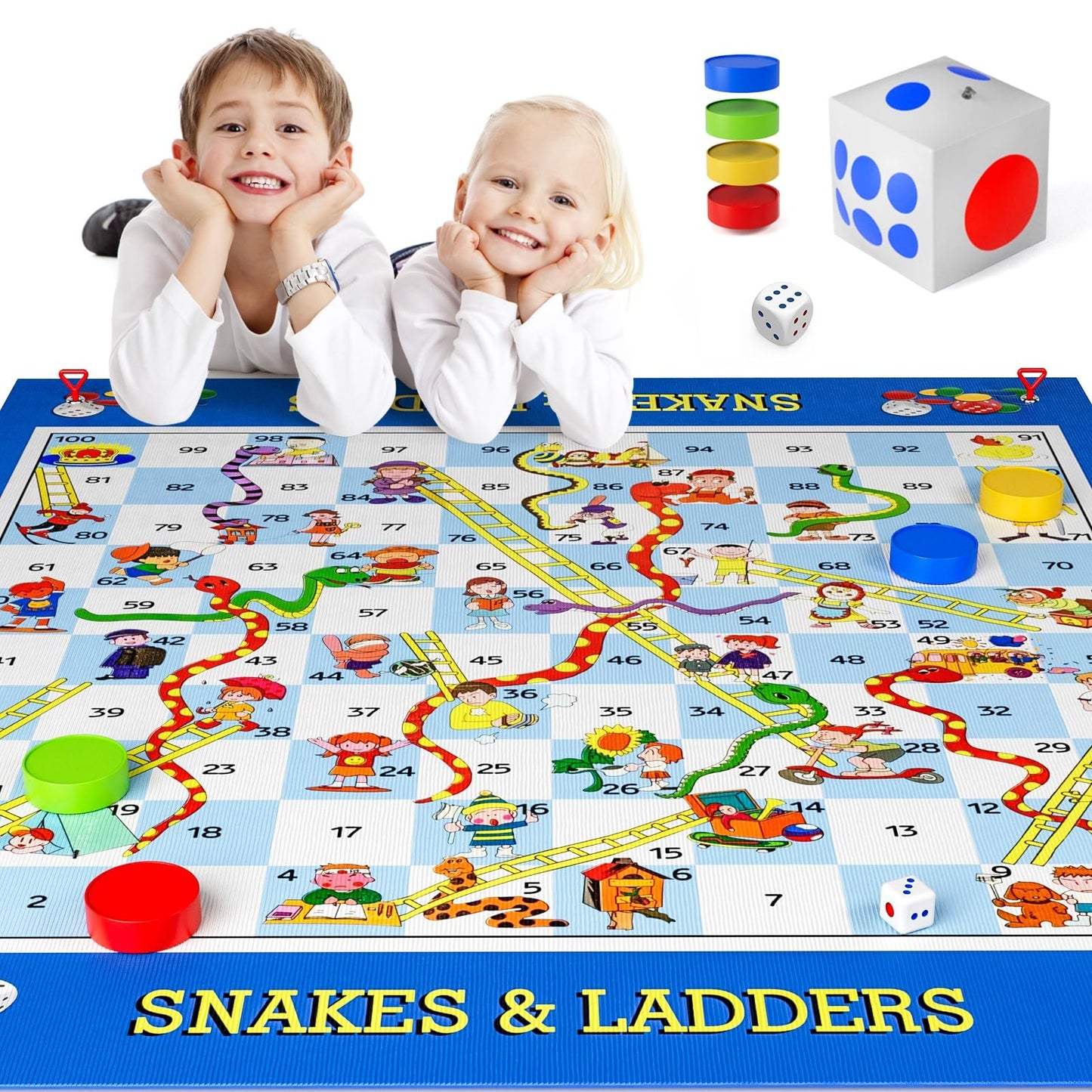Big Snake and Ladder Board Game for Kids Adults - Indoor Outdoor Floor Game Set with 5.8 ft Playing Mat, Inflatable Dice, Pieces