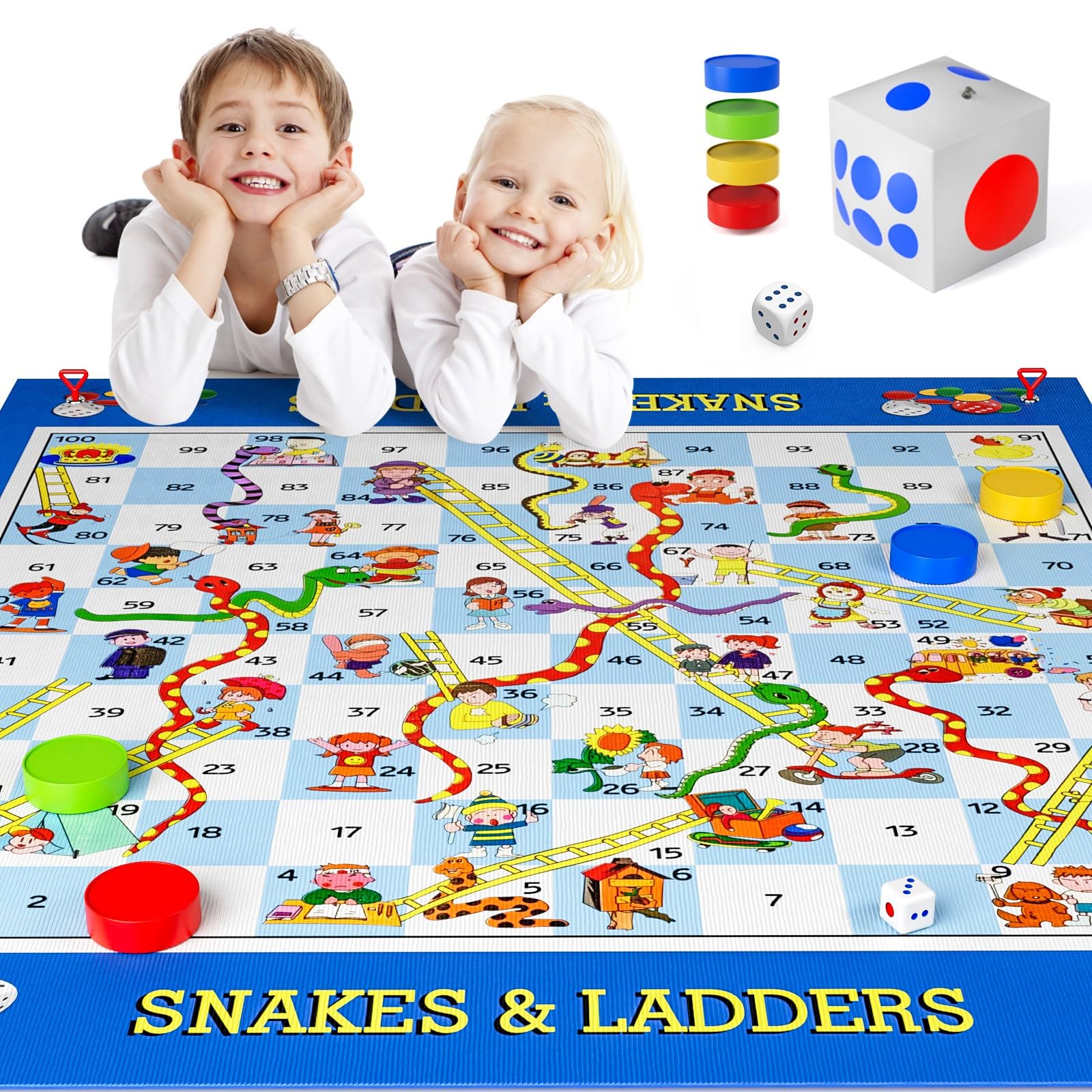 Big Snake and Ladder Board Game for Kids Adults - Indoor Outdoor Floor Game Set with 5.8 ft Playing Mat, Inflatable Dice, Pieces