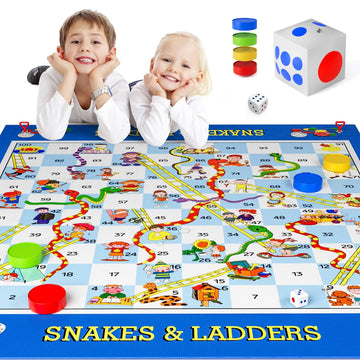 Big Snake and Ladder Board Game for Kids Adults - Indoor Outdoor Floor Game Set with 5.8 ft Playing Mat, Inflatable Dice, Pieces