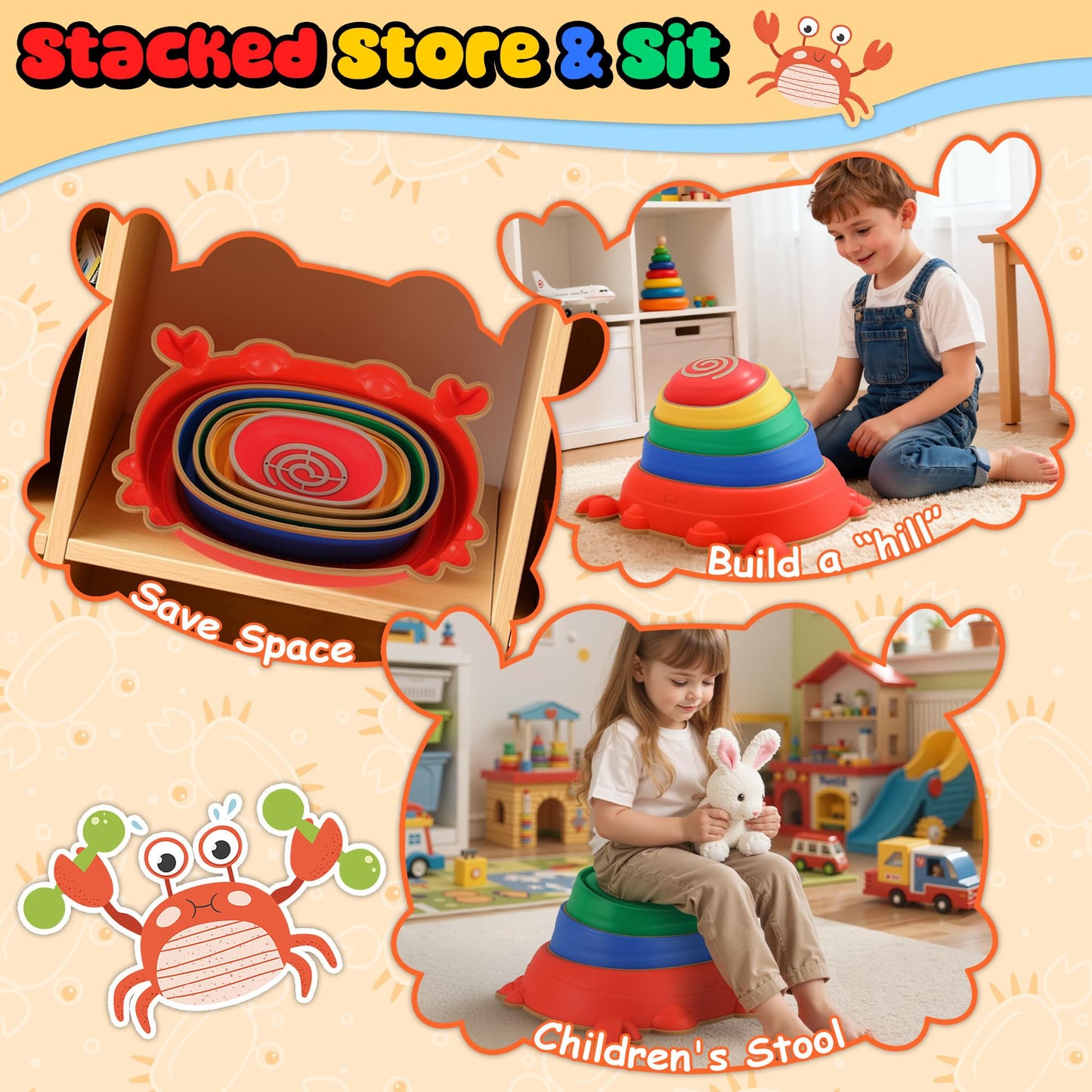Kirumie Crab Stepping Stones For Kids, Non-Slip Plastic Balance River Stones For Kids, Promoting Children 'S Coordination Skills