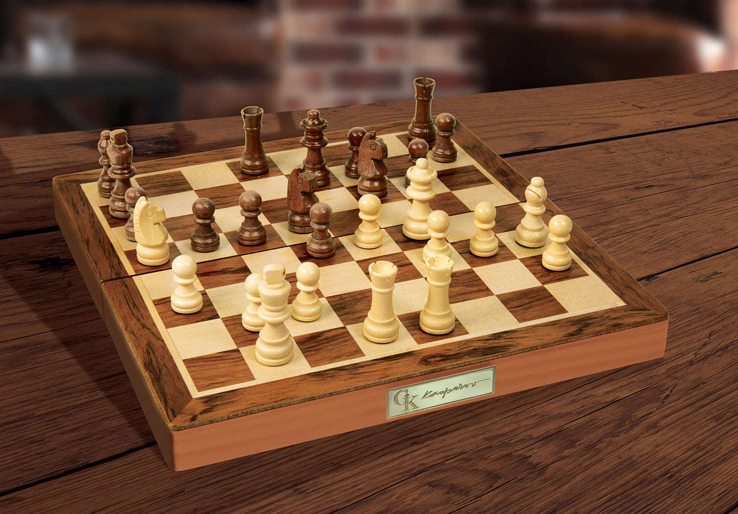 Merchant Ambassador: Kasparov International Master Chess Set, Strategy Game, Wooden Folding Chess Board With Magnetic Closure, Gold Finished Kasparov Nameplate