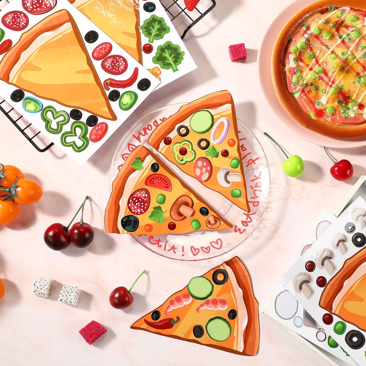 Sepamoon 24 Sheets Pizza Stickers - DIY Multicolor Decals for Kids Birthday Party, School Supplies, Gift Rewards - Paper Material