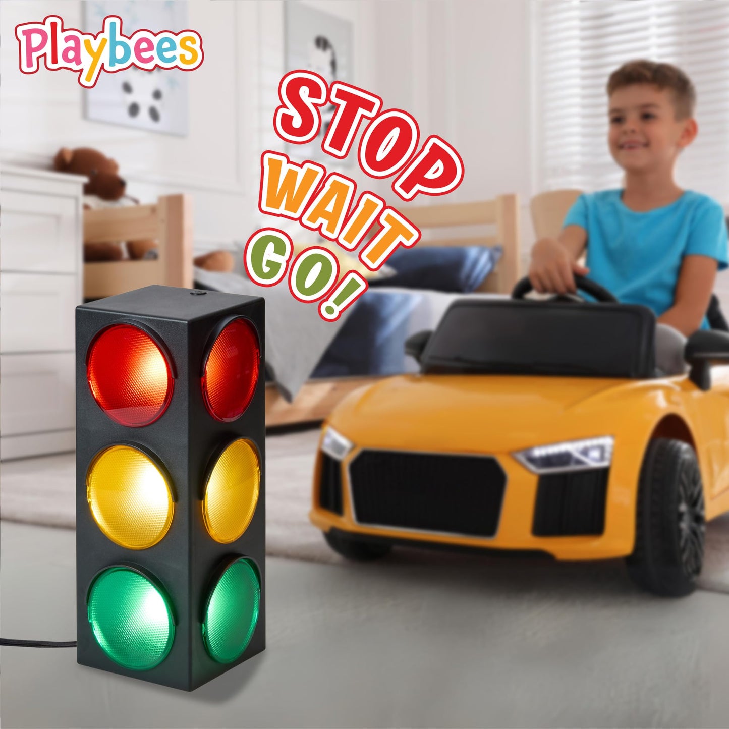 Playbees Traffic Light Lamp - USB 12.25" Blinking Modes, Plastic, Red/Green/Yellow, Ideal for Kids' Bedrooms and Pretend Play