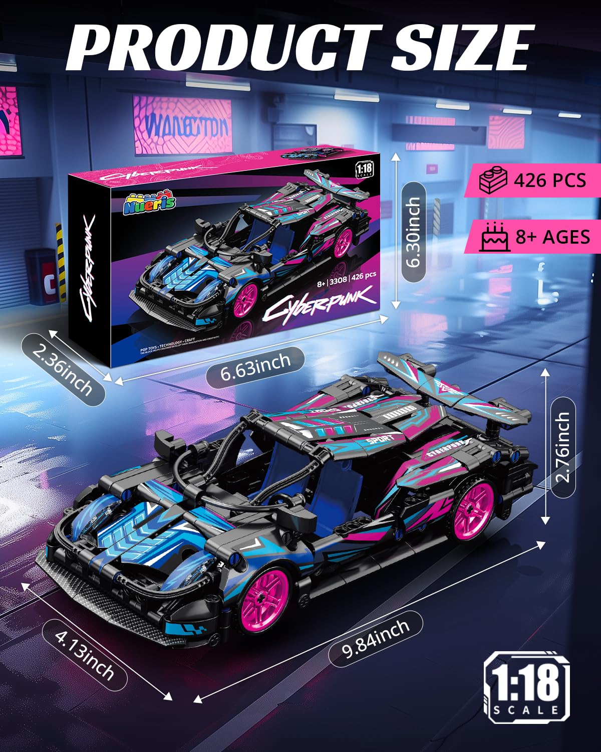 Nueris 1:18 Technic Super Sports Cars Model Sets - 426 PCS Cyberpunk MOC Building Block Car Raceing Engineering Toys - Gift Idea