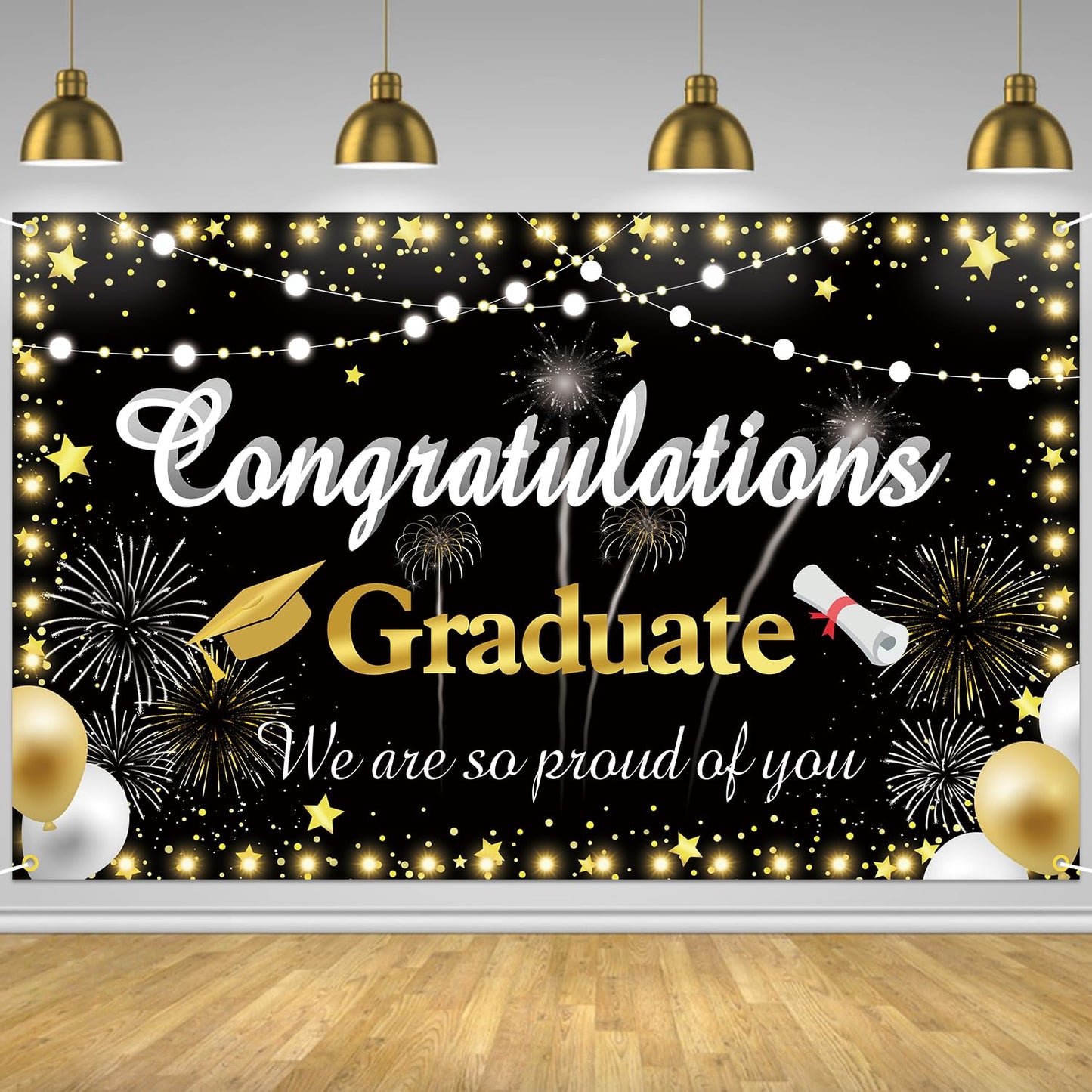 Graduation Backdrop 2024 Congrats Grad Banner Black Gold Graduation Banner.Class of 2024 Graduation Decorations Photography Back