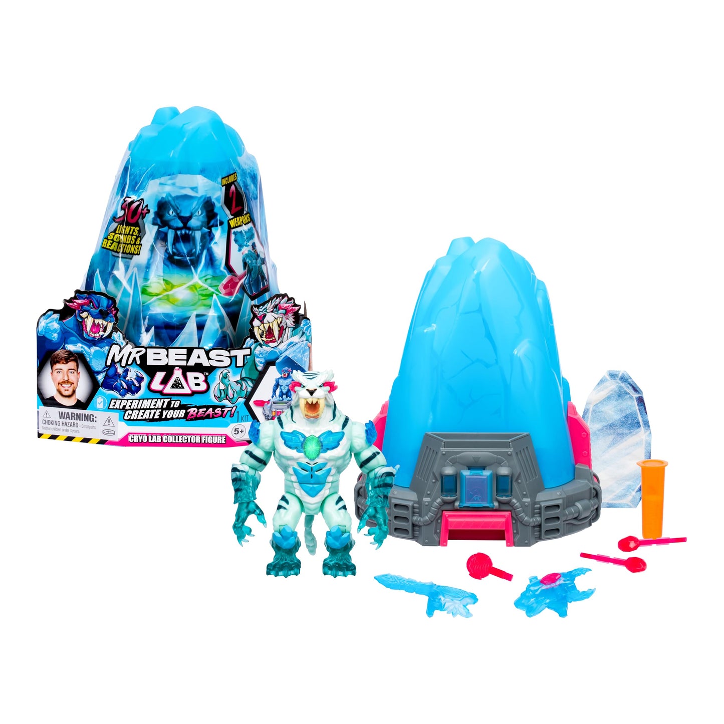MrBeast Lab Melt The Ice to Release A Beast with The Cryo Lab Collector Figure  7inch/18cm Figure with 30+ Lights  Sounds and Reactions  Includes 2   2 Big Cat Figures to Collect